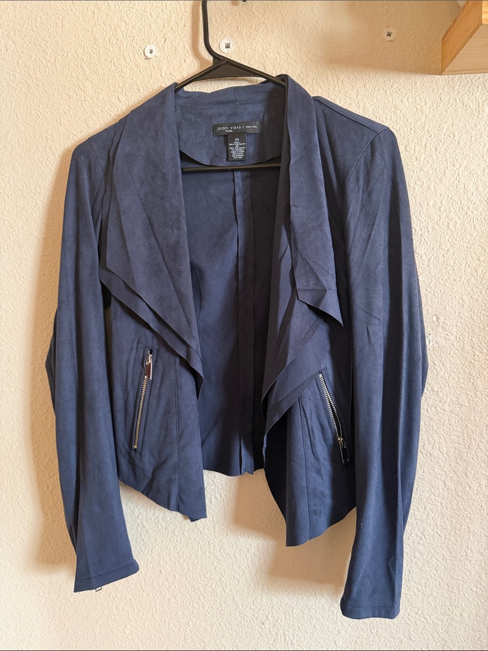 Joan Vass Navy Open-Front Draped Faux Leather Jacket with Zip Pockets
